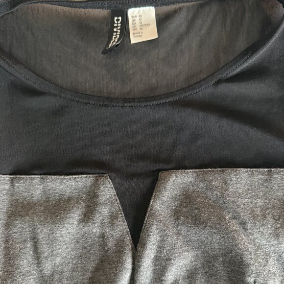 H&M Charcoal Knit Mini Dress with Black Mesh Neckline - Size12 - Picture 3 of 4
